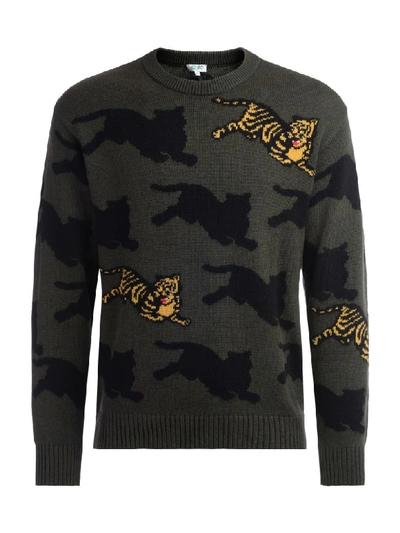 Shop Kenzo Tigre Sweater In Green Cotton And Wool With Embroidered Front Tiger In Verde