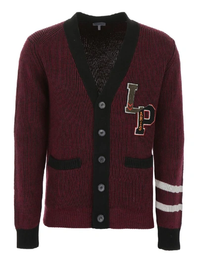 Shop Lanvin Cardigan With Logo Patch In Burgundy Black (red)