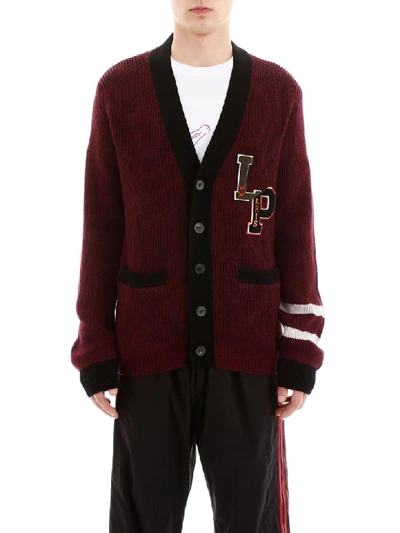 Shop Lanvin Cardigan With Logo Patch In Burgundy Black (red)
