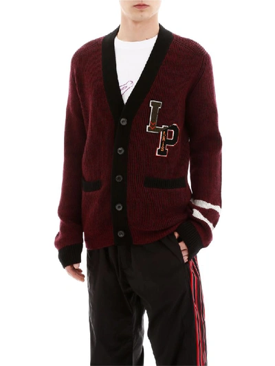 Shop Lanvin Cardigan With Logo Patch In Burgundy Black (red)