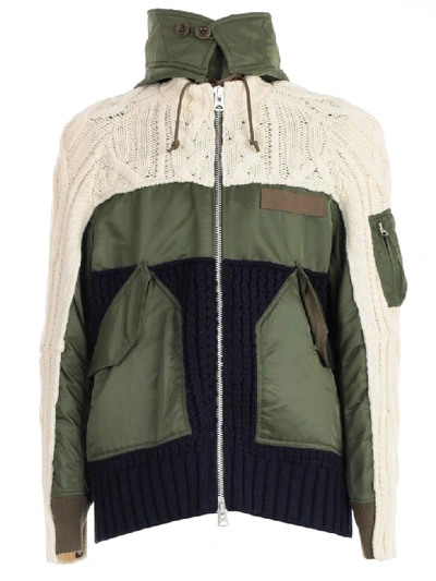 Shop Sacai Jacket Cable Knit In Off Wht Khaki Navy