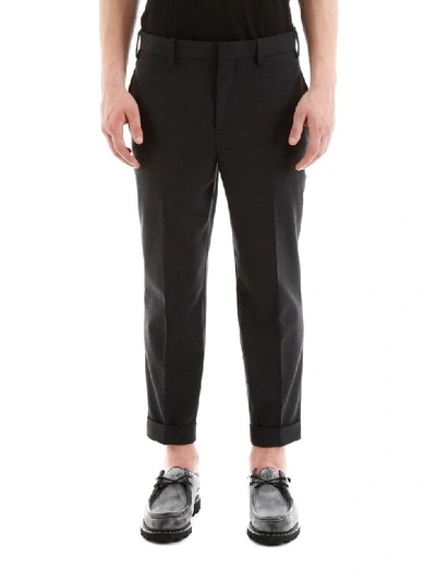 Shop Neil Barrett Trousers With Double Band In Charcoal Melange Off White (grey)