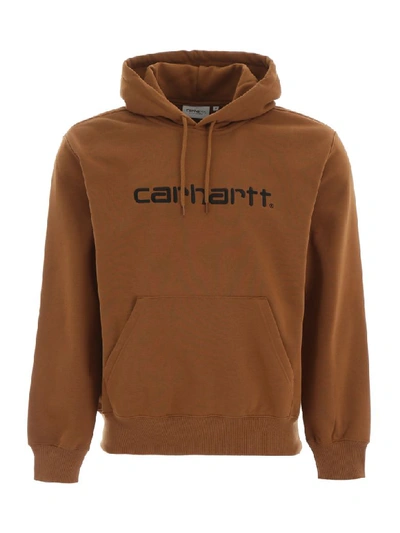 Shop Carhartt Logo Hoodie In Hamilton Brown Black (brown)