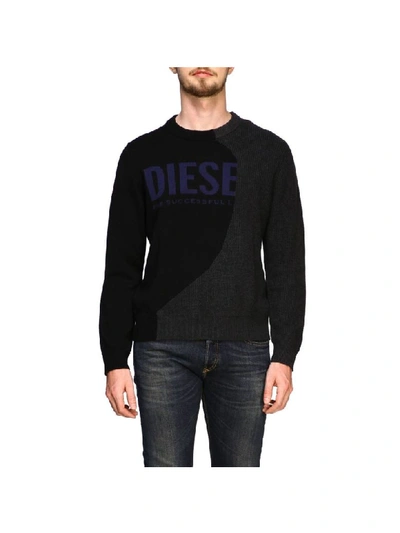 Shop Diesel Crew Neck Pullover With Maxi Logo In Black