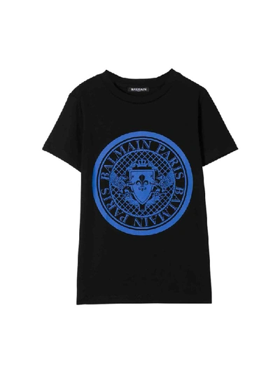 Shop Balmain Cotton T-shirt In Nero/azzurro