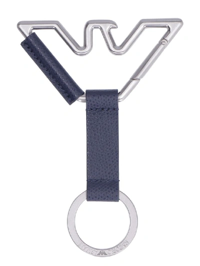 Shop Emporio Armani Leather Keyring With Metallic Logo In Blue