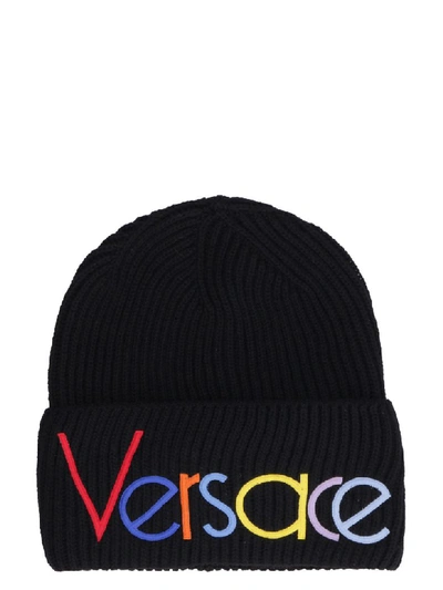 Shop Versace Logo Detail Ribbed Wool Beanie In Black