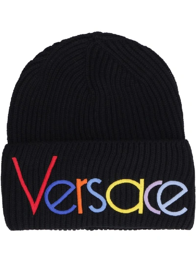 Shop Versace Logo Detail Ribbed Wool Beanie In Black