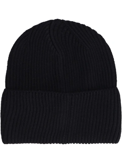 Shop Versace Logo Detail Ribbed Wool Beanie In Black