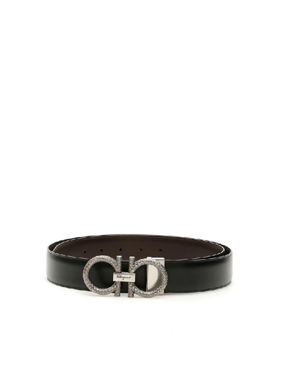 Shop Ferragamo Reversible Double Gancio Belt In Black (black)