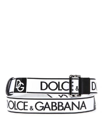 Shop Dolce & Gabbana White And Black Fabric And Leather Logo Belt In Black/white