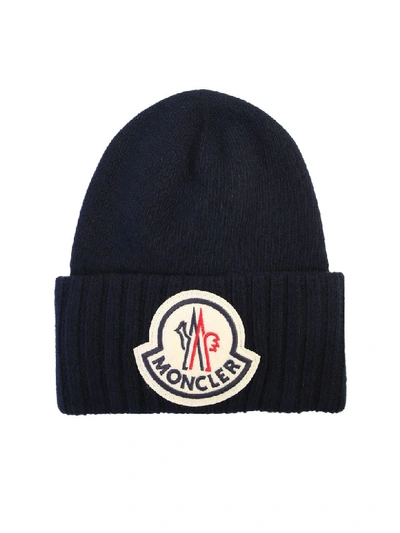 Shop Moncler Patched Beanie In Blue