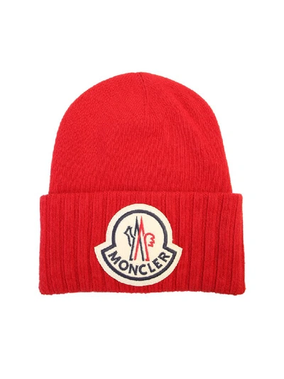 Shop Moncler Patched Beanie In Red