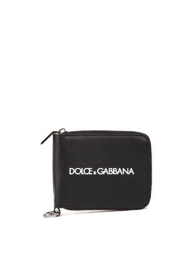 Shop Dolce & Gabbana Black Leather Wallet With Metal Chain & Logo