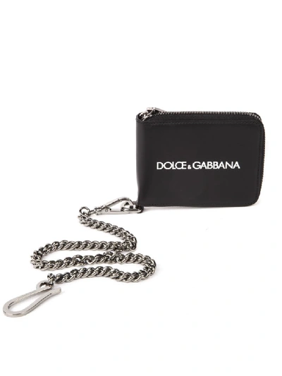 Shop Dolce & Gabbana Black Leather Wallet With Metal Chain & Logo