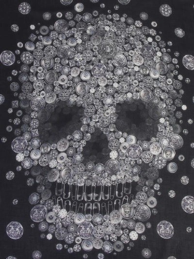 Shop Alexander Mcqueen Button Night Skull Printed Scarf In Nero
