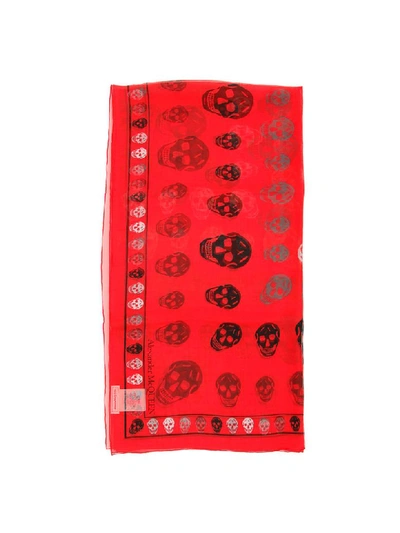 Shop Alexander Mcqueen Silk Skull Scarf In Red Medium Grey (red)