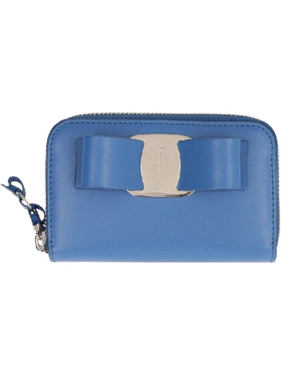 Shop Ferragamo Leather Card Holder With Vara Bow In Blue