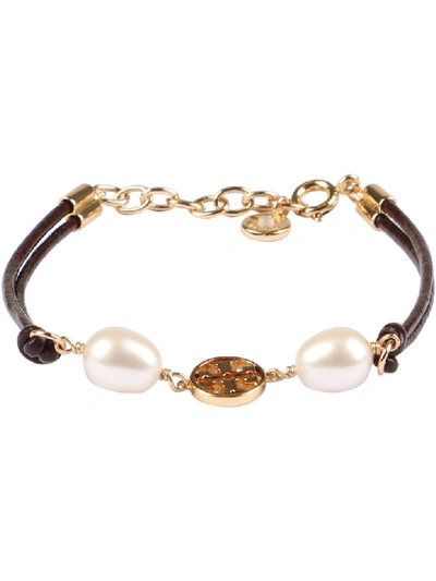 Shop Tory Burch Miller Pearls And Logo Charm Leather Bracelet In Brown
