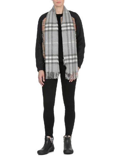 Shop Burberry Mu Giant Check Scarf In Pale Grey