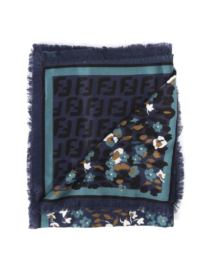 Shop Fendi Blue Silk And Wool Shawl With Floral Print