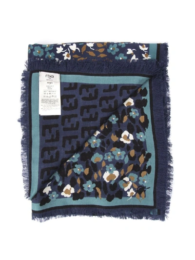 Shop Fendi Blue Silk And Wool Shawl With Floral Print