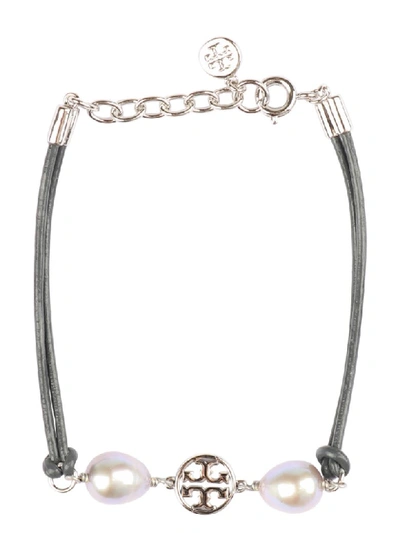 Shop Tory Burch Miller Pearls And Logo Charm Leather Bracelet In Grey