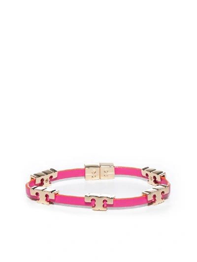 Shop Tory Burch Leather Logo Bracelet In Crazy Pink