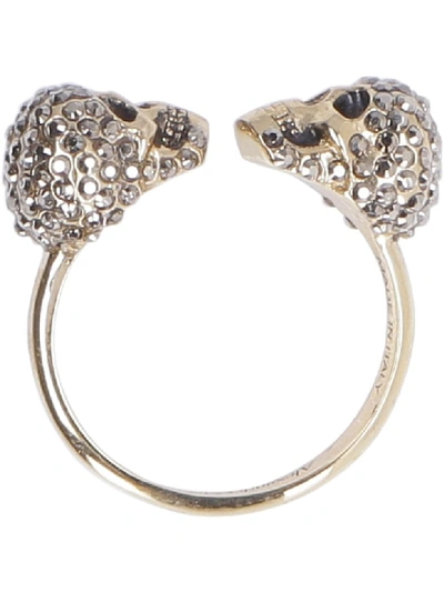 Alexander Mcqueen Woman Double-skull Ring With Crystals In Gold 