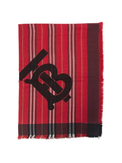 Shop Burberry Red Wool & Silk Monogram Scarf