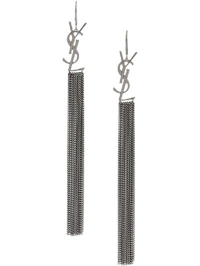 Shop Saint Laurent Monogram Tassel Earrings In Ruthenium
