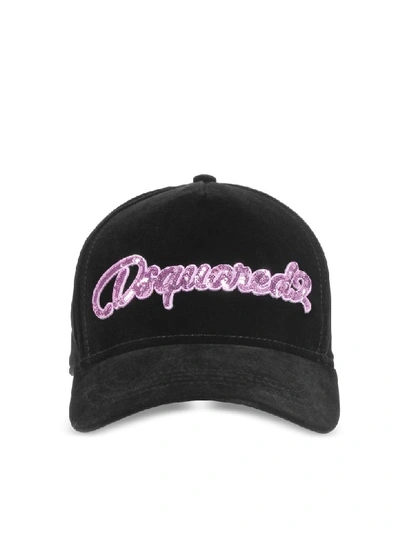 Shop Dsquared2 Velvet And Sequins Signature Baseball Cap In Black / Pink