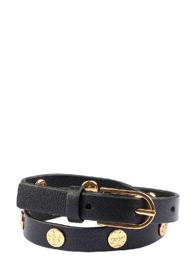 Shop Tory Burch Studded Leather Double-wrap Bracelet In Black