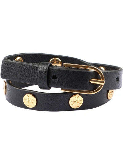 Shop Tory Burch Studded Leather Double-wrap Bracelet In Black