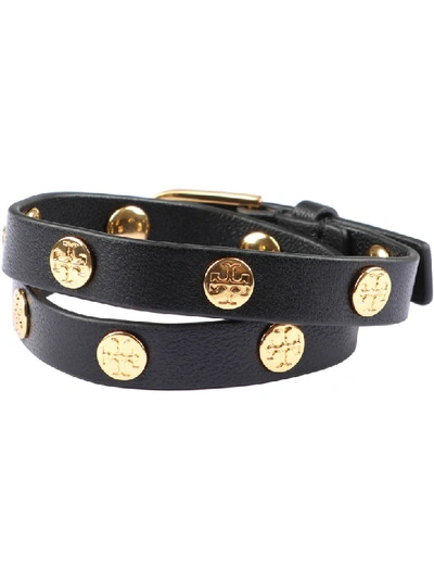 Shop Tory Burch Studded Leather Double-wrap Bracelet In Black