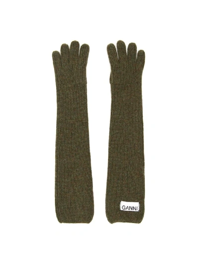 Shop Ganni Long Knit Gloves In Kalamata (khaki)
