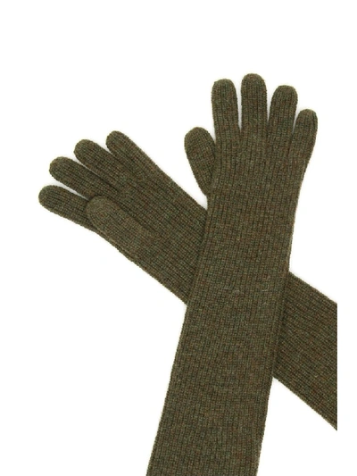 Shop Ganni Long Knit Gloves In Kalamata (khaki)