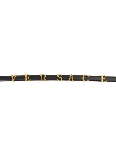 Shop Versace Black & Gold Metal & Leather Baroque Logo Belt In Black/gold