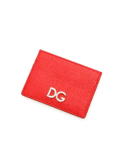 Shop Dolce & Gabbana Leather Cardholder With Crystal Dg In Rosso (red)