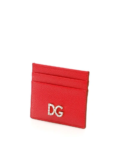 Shop Dolce & Gabbana Leather Cardholder With Crystal Dg In Rosso (red)