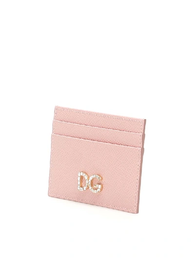 Shop Dolce & Gabbana Leather Cardholder With Crystal Dg In Rosa Carne 2 (pink)