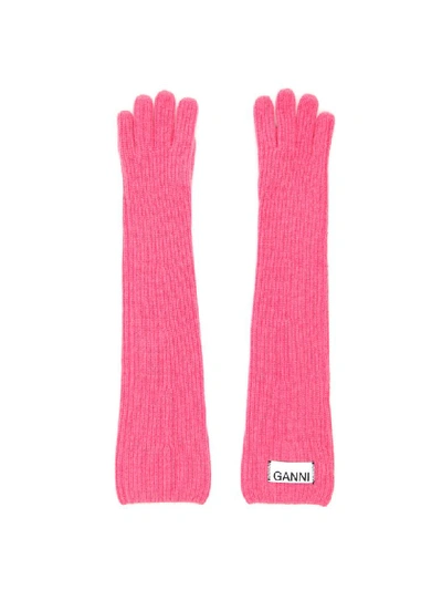 Shop Ganni Long Knit Gloves In Hot Pink (fuchsia)