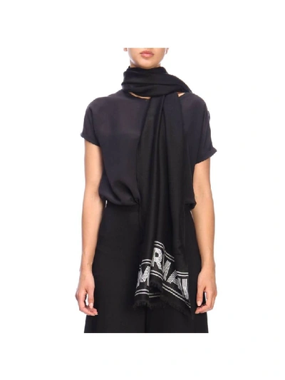 Shop Emporio Armani Brushed Scarf With Maxi Logo In Black