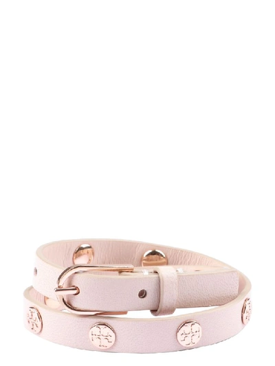 Shop Tory Burch Studded Leather Double-wrap Bracelet In Pink