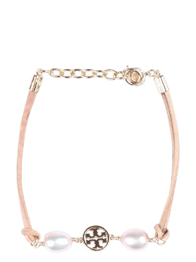 Shop Tory Burch Miller Pearls And Logo Charm Leather Bracelet In Beige