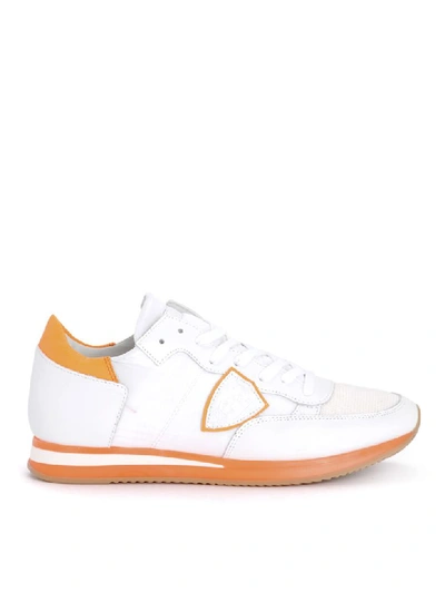 Shop Philippe Model Tropez White And Fluo Orange Leather And Nylon Sneaker In Bianco