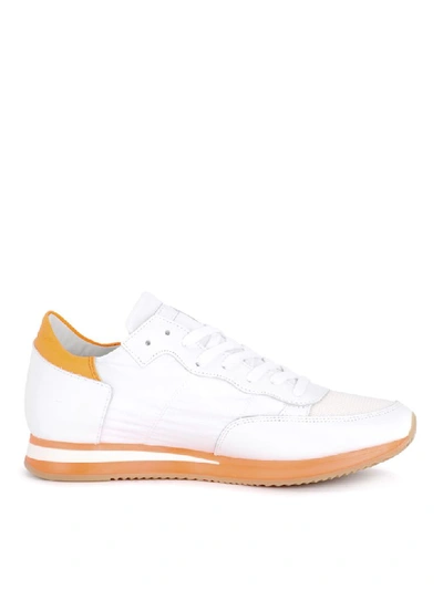 Shop Philippe Model Tropez White And Fluo Orange Leather And Nylon Sneaker In Bianco