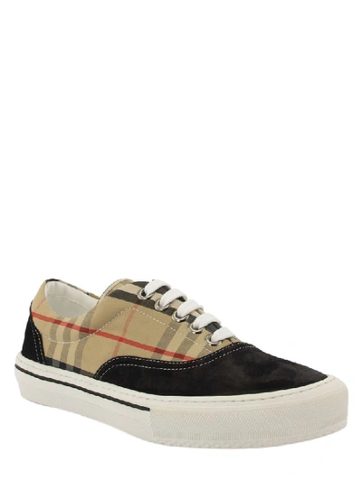 Shop Burberry Vintage Check Cotton And Suede Sneakers In Black/archive Beige