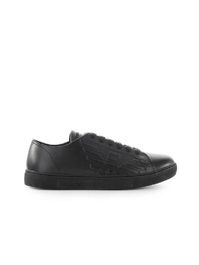 Shop Emporio Armani Black Leather Logo Sneaker In Nero (black)