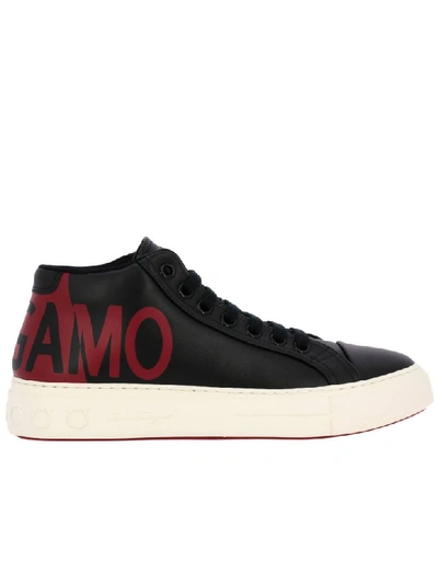 Shop Ferragamo Lace-up Sneakers In Genuine Smooth Leather With Gancini Rubber Sole In Black